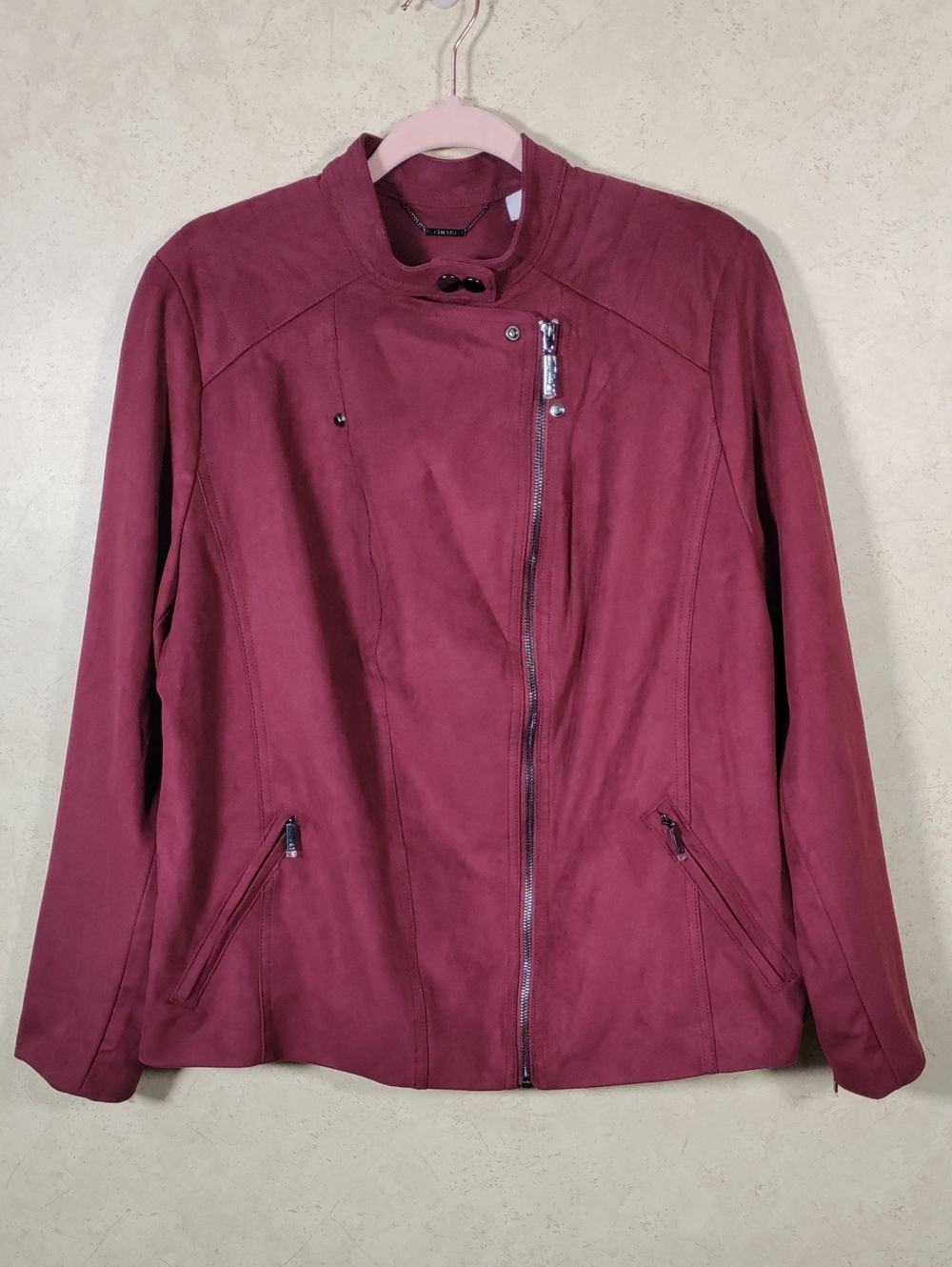 J128 Chico's Deep Chianti Faux Suede Moto Jacket 3 XL NWT